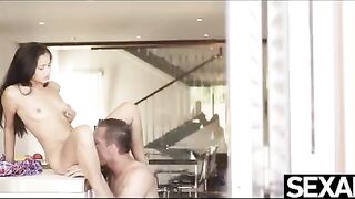 The couple has sex right in the kitchen, with intense passion on the table