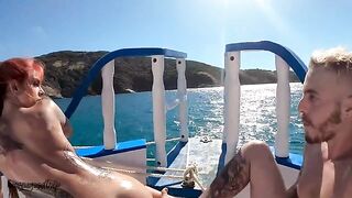 Redhead on the boat for oil and sex with a voyeur