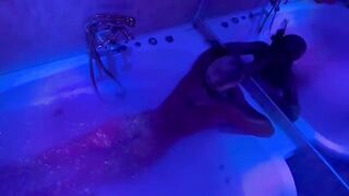 The blonde plays with sex toys in the bathroom and gets fucked hard