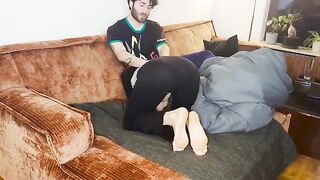 A couple has sex under the blanket and reaches a real orgasm together