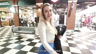 Hot blonde fucks in the shopping mall toilet for money