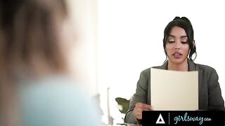 Busty Kayley Gunner destroys the pussy of sexy lawyer Vanessa Sky