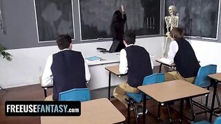 Three students fucked their teacher Valentina Nappi in the classroom in a daring scenario