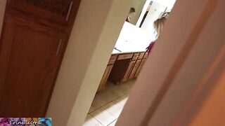 A stepmom is getting ready for bed while her stepson films and masturbates