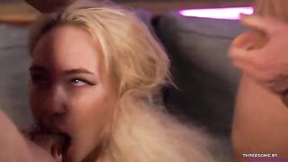 Two huge cocks for the mouth of a sexy blonde beauty in an intense scene