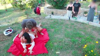 Brunette woman has sex with a stranger in the meadow, getting cum on her round ass