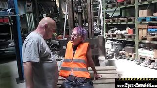 The old man banged the cute climber with hairy pussy