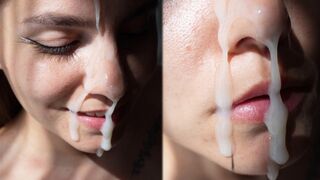 A girl with a cute face gets a huge cumshot on it