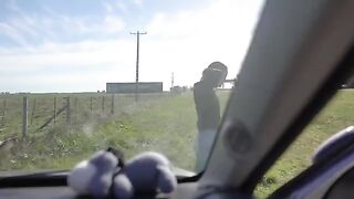 Petite teen makes a messy blowjob on a car seat during a road trip