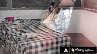 A naughty woman fucks her stepdaughter Chloe Surreal during a college bake sale for more money