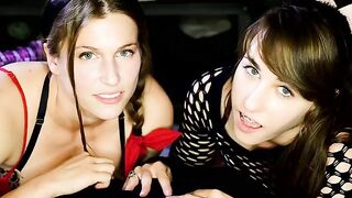 Two petite friends share the same cock and give a hot blowjob