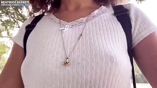 Masturbating and cumming outdoors with a stranger watching, focusing on the intimate view
