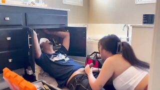 Asian woman pays for the repair man by sucking his dick