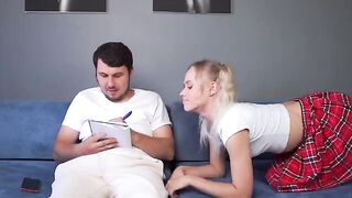 She let her stepbrother fuck her throat and cum on her face for doing homework