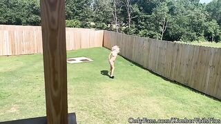 A chick is getting naked in the backyard and gets fucked on the porch