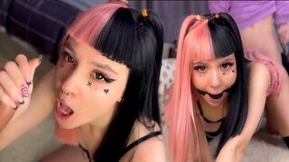 Emo babe with a hot pink hairstyle gets gagging blowjob