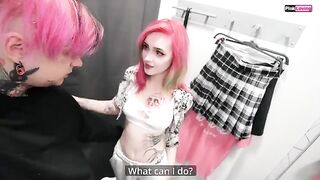 The hot girl rubbed her pussy and was fucked in the dressing room by a sexy sales consultant