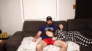A man fucks his stepmom on the couch and cum in her mouth