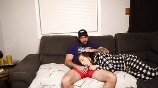 A man fucks his stepmom on the couch and cum in her mouth