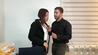 The cutie secretary, in stockings, fucks with a handsome boss and squirts in the office
