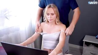 A stepsister gets fucked after a massage, showcasing wet, messy blowjobs
