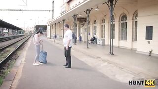 The hunter met a girl at the train station and offered her to have fun for money