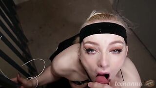 A beautiful blue-eyed girl deeply swallows cock in the face outdoors