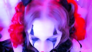 A kinky clown makes a blowjob and facial with intense eye contact