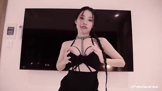 Asian beauty in a black dress squirts and gets filled with cum