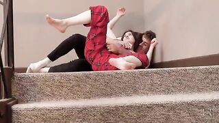 A hot stepsister fucks with her brother on the stairs