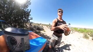 A hot chick is fucking on the hood of a Volkswagen Rabbit