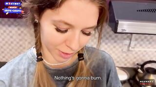The flatmate-girl doesn't mind periodic fucking in the kitchen and getting cum in her mouth and pigtails