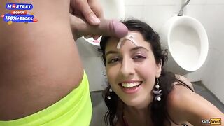 Public blowjob in the bathroom and cumwalk at the waterfall with many people around