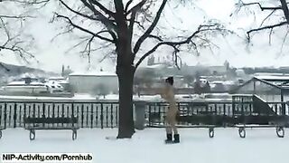 A student bares her boobs and ass on the city streets in this provocative video