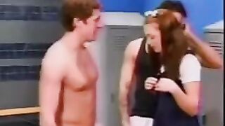 A cute schoolgirl got fucked by two guys in the locker room