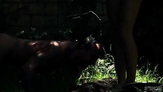 A blonde girl was fucking with a guy in the garden