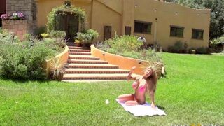Hot blondie with huge boobs gets fucked on the lawn
