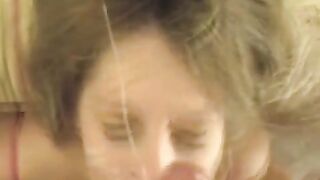 The guy shot cum on the girl's face after blowjob