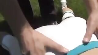 Hot cum shot on big tits of a busty brunette
