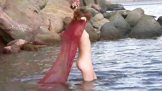 Nude beauty with small boobs has sex on the beach