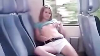 Irons the bald pussy through her panties from the back seat of the bus