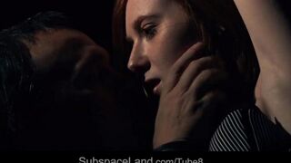 Redhead teen gets fucked in a dark room and finishes with cumshots
