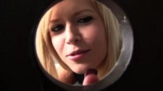 Blonde passes member through a hole in the toilet bowl