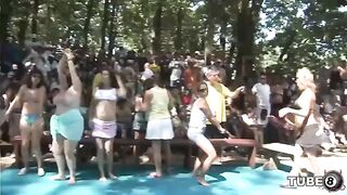 A young couple have fun right in the forest