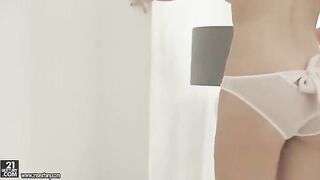 Hairy pussy of skinny blonde teen gets masturbated on the camera