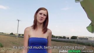 A red-haired girl is fucking on the hay in POV style