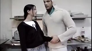 The depraved guy fucked a virgin brunette in the kitchen without hesitation