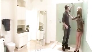 The wife fucked with plumbers while her husband watched in the shower