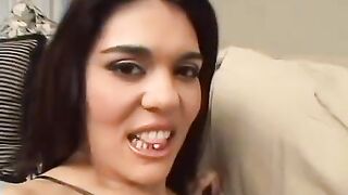 Two men fuck brunette with big ass under her skirt hard