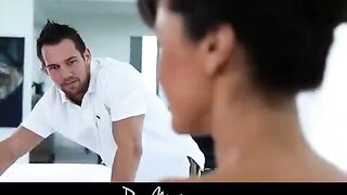 A sexy girl gets oiled up before getting fucked hard